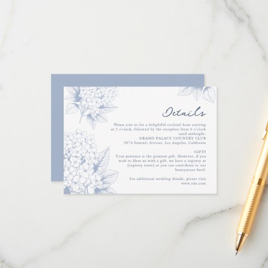 Dusty Blue Hydrangea Wedding Details Informatiekaartje (Voorkant / Achterkant in situ)