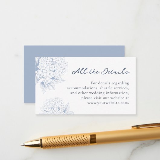 Dusty Blue Hydrangea Wedding Details Informatiekaartje (Voorkant / Achterkant in situ)