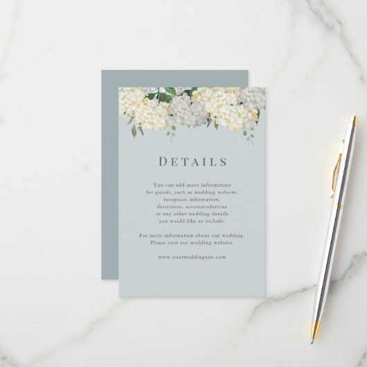 Dusty Blue Hydrangea Wedding Details RSVP Kaartje (Voorkant / Achterkant in situ)