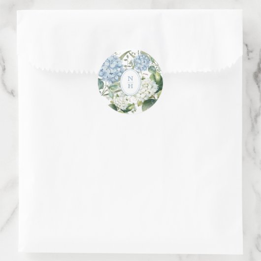 Dusty Blue Hydrangea Wedding Monogram Ronde Sticker (Tas)
