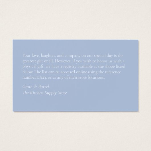 Dusty Blue Hydrangea Wedding Registry Enclosure Visitekaartje (Achterkant)