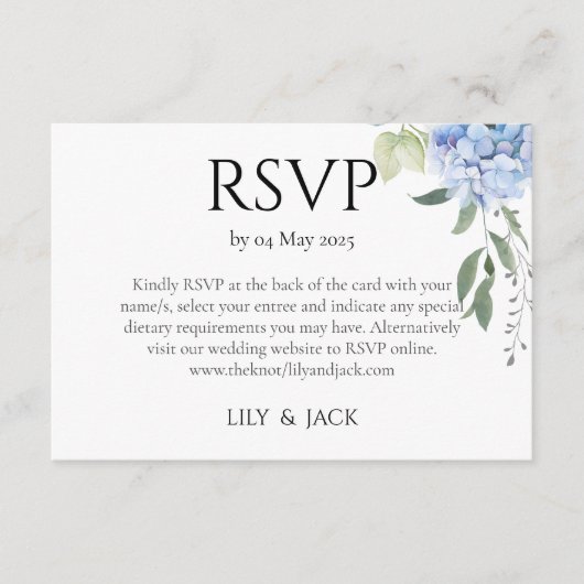 Dusty Blue Hydrangea Wedding RSVP Informatiekaartje (Voorkant)