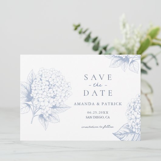 Dusty Blue Hydrangea Wedding Save the Date Card (Staand voorkant)