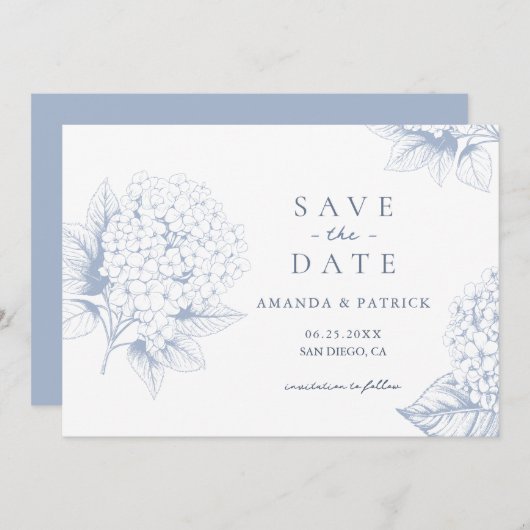 Dusty Blue Hydrangea Wedding Save the Date Card (Voorkant / Achterkant)