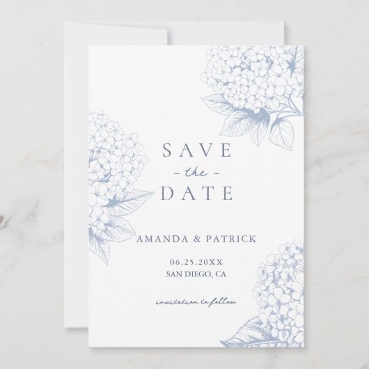 Dusty Blue Hydrangea Wedding Save the Date Kaart (Voorkant)