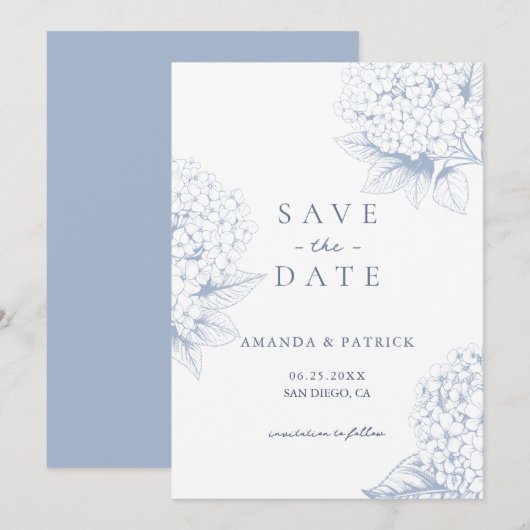 Dusty Blue Hydrangea Wedding Save the Date Kaart (Voorkant / Achterkant)