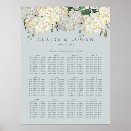 Dusty Blue Hydrangea Wedding Seding Chart Poster (Voorkant)