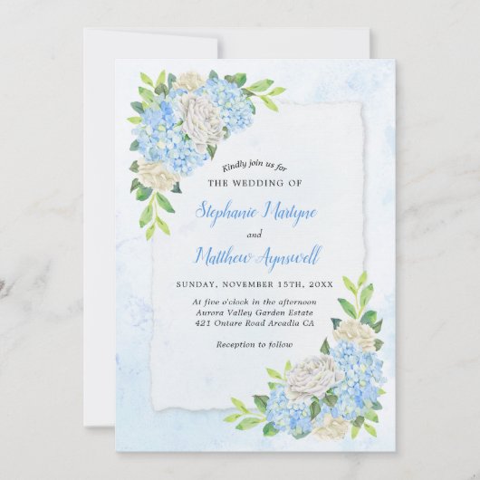 Dusty Blue Hydrangea White Rose Wedding Kaart (Voorkant)
