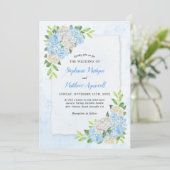 Dusty Blue Hydrangea White Rose Wedding Kaart (Staand voorkant)