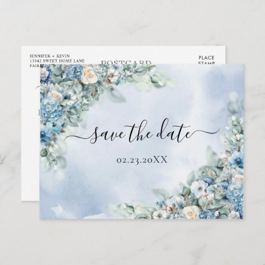 Dusty Blue Hydrangea White Roses Save the Date Briefkaart (Voorkant / Achterkant)