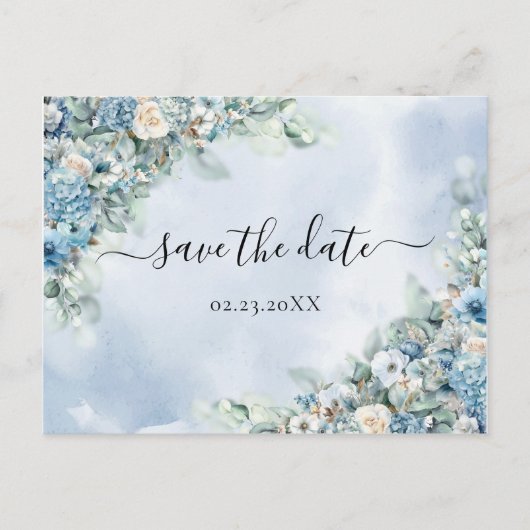 Dusty Blue Hydrangea White Roses Save the Date Briefkaart (Voorkant)