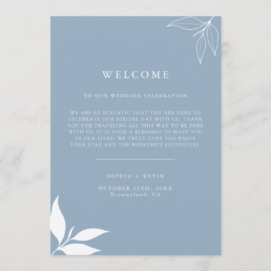 Dusty Blue I Leaves Ik Welkom Letter Tijdlijn Kaar Menu (Voorkant)