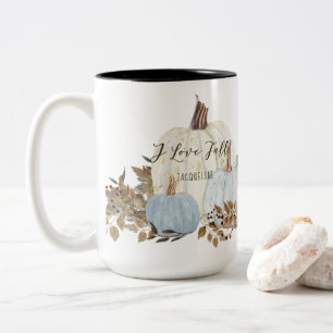 Dusty Blue I Love Herfst Waterverf Foliage Pumpkin Tweekleurige Koffiemok