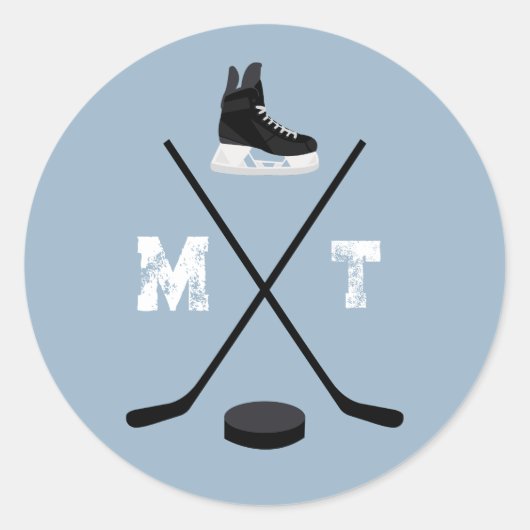 Dusty Blue Ice Hockey Classic Verdrietig Monogram Ronde Sticker (Voorkant)