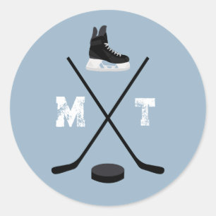 Dusty Blue Ice Hockey Classic Verdrietig Monogram Ronde Sticker