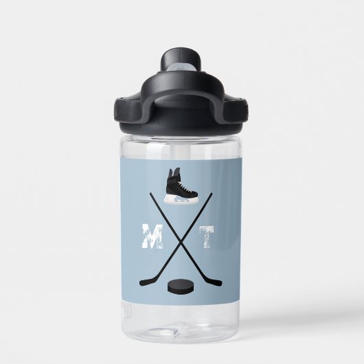 Dusty Blue Ice Hockey Classic Verdrietig Monogram Waterfles (Achterkant)