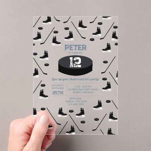 Dusty Blue Ice Hockey Stick, Schaatsen Puck Verjaa Acryl Uitnodigingen (Insitu (Draagbaar))