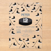 Dusty Blue Ice Hockey Stick, Schaatsen Puck Verjaa Acryl Uitnodigingen (Voorkant)