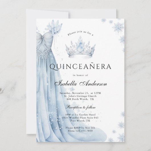 Dusty Blue Icy Winter Quinceanera uitnodiging (Voorkant)