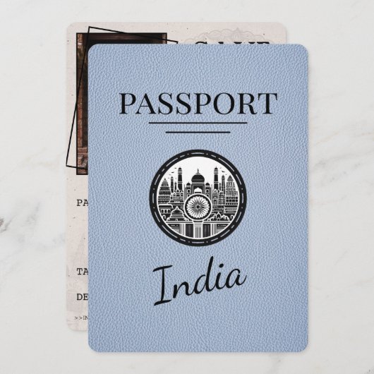 Dusty Blue India Passport Bewaar de datum Save The Date (Voorkant / Achterkant)