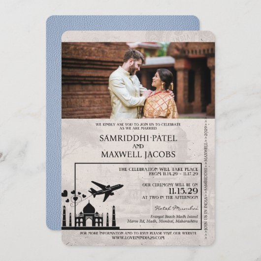 Dusty Blue India Passport Wedding Invitation Kaart (Voorkant / Achterkant)