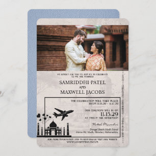 Dusty Blue India Passport Wedding Invitation Kaart