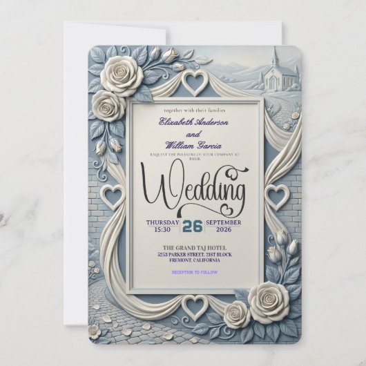 Dusty Blue Indigo Romantic Church Wedding Kaart (Voorkant)