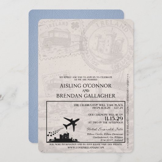 Dusty Blue Ireland Passport Wedding Invitation Kaart (Voorkant / Achterkant)