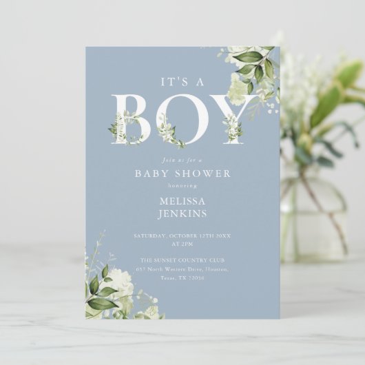 Dusty Blue Is A Boy Green QR Code Baby shower Kaart (Staand voorkant)