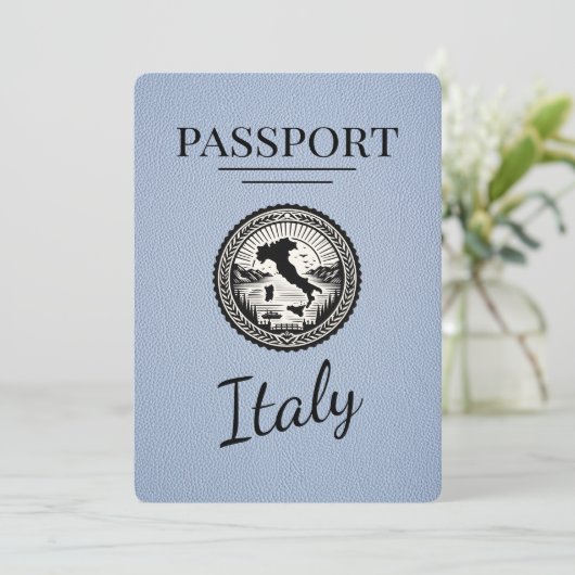 Dusty Blue Italië Passport Save The Date (Staand voorkant)
