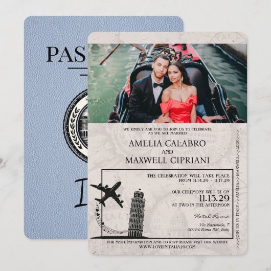 Dusty Blue Italy Passport Wedding Invitation Kaart (Voorkant / Achterkant)