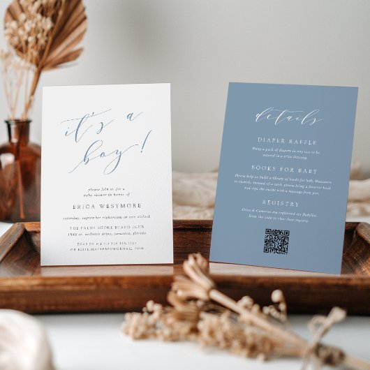 Dusty Blue "It's a Boy" Alles in één Baby shower Kaart