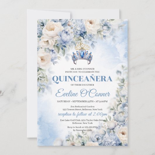 Dusty Blue & Ivoor Bloemen blauwe kroon Quinceañer Kaart (Voorkant)