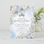 Dusty Blue & Ivoor Bloemen blauwe kroon Quinceañer Kaart (Staand voorkant)
