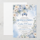 Dusty Blue & Ivoor Bloemen blauwe kroon Quinceañer Kaart (Voorkant / Achterkant)