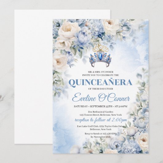 Dusty Blue & Ivoor Bloemen blauwe kroon Quinceañer Kaart (Voorkant / Achterkant)