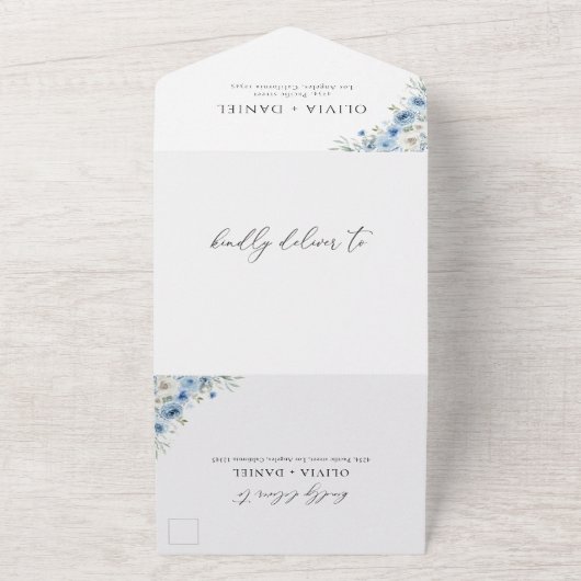 Dusty Blue Ivory Alles in een bruiloft uitnodiging (Buitenkant)