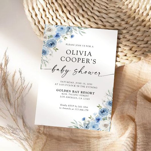 Dusty Blue Ivory Baby shower Invitation Kaart