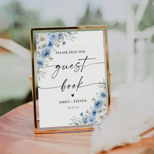 Dusty Blue Ivory Bridal Shower Guest Book Sign Reclamebord Met Voetstuk