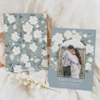 Dusty Blue Ivory Chinoiserie Floral Save the Date