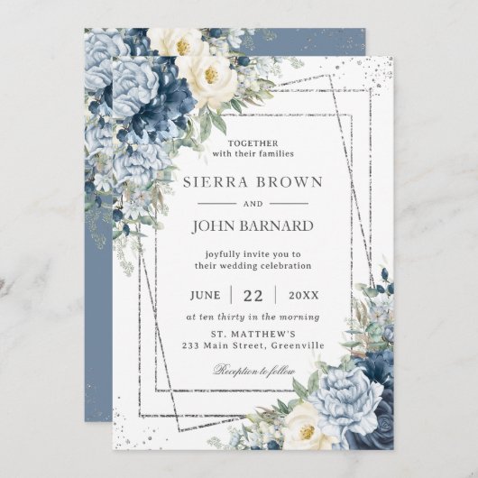 Dusty Blue Ivory Cream Floral Silver Geometric Kaart (Voorkant / Achterkant)