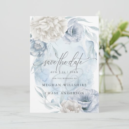 Dusty Blue Ivory Elegant Rustic Flowers Kaart (Staand voorkant)