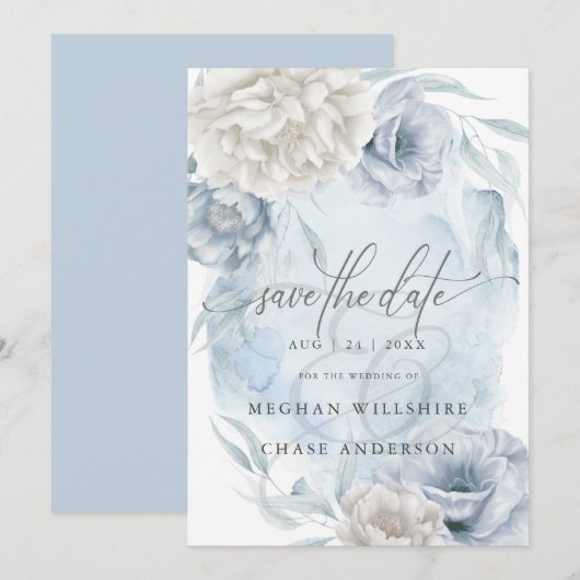 Dusty Blue Ivory Elegant Rustic Flowers Kaart (Voorkant / Achterkant)