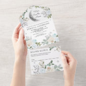 Dusty Blue Ivory Floral Boho Moon Baby shower All In One Uitnodiging (Afscheurbaar)