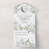 Dusty Blue Ivory Floral Boho Moon Baby shower All In One Uitnodiging (Binnen)
