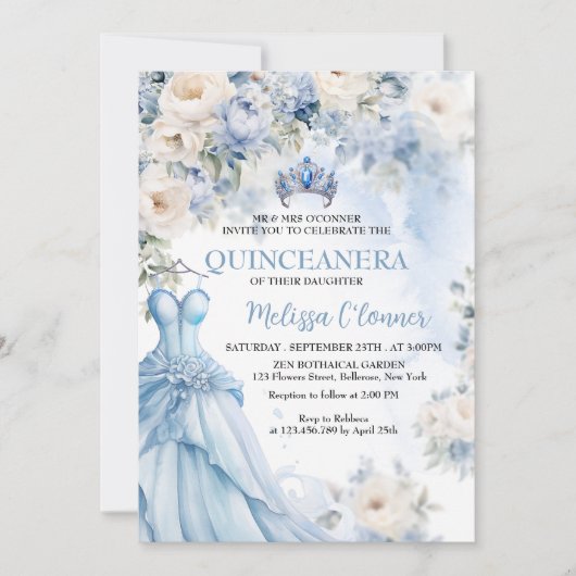 Dusty Blue Ivory Floral bruiloft uitnodiging (Voorkant)