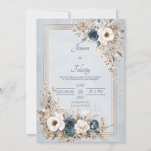 Dusty Blue & Ivory Floral Gold Lijst Wedding Kaart (Voorkant)