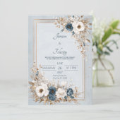 Dusty Blue & Ivory Floral Gold Lijst Wedding Kaart (Staand voorkant)