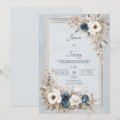 Dusty Blue & Ivory Floral Gold Lijst Wedding Kaart (Voorkant / Achterkant)