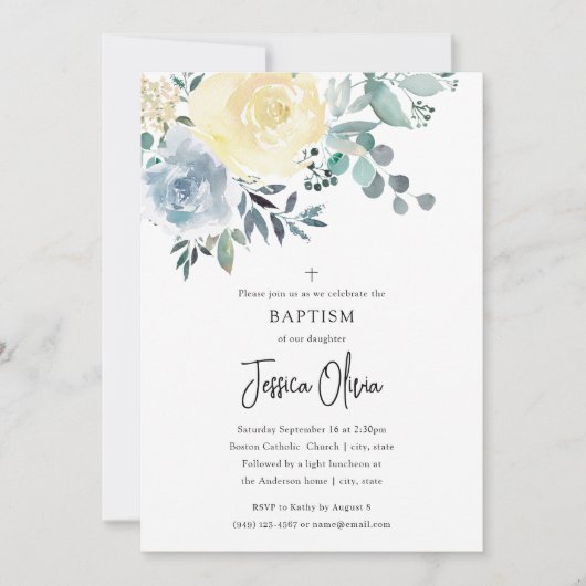 Dusty Blue Ivory Floral Greenery Baptisme Kaart (Voorkant)